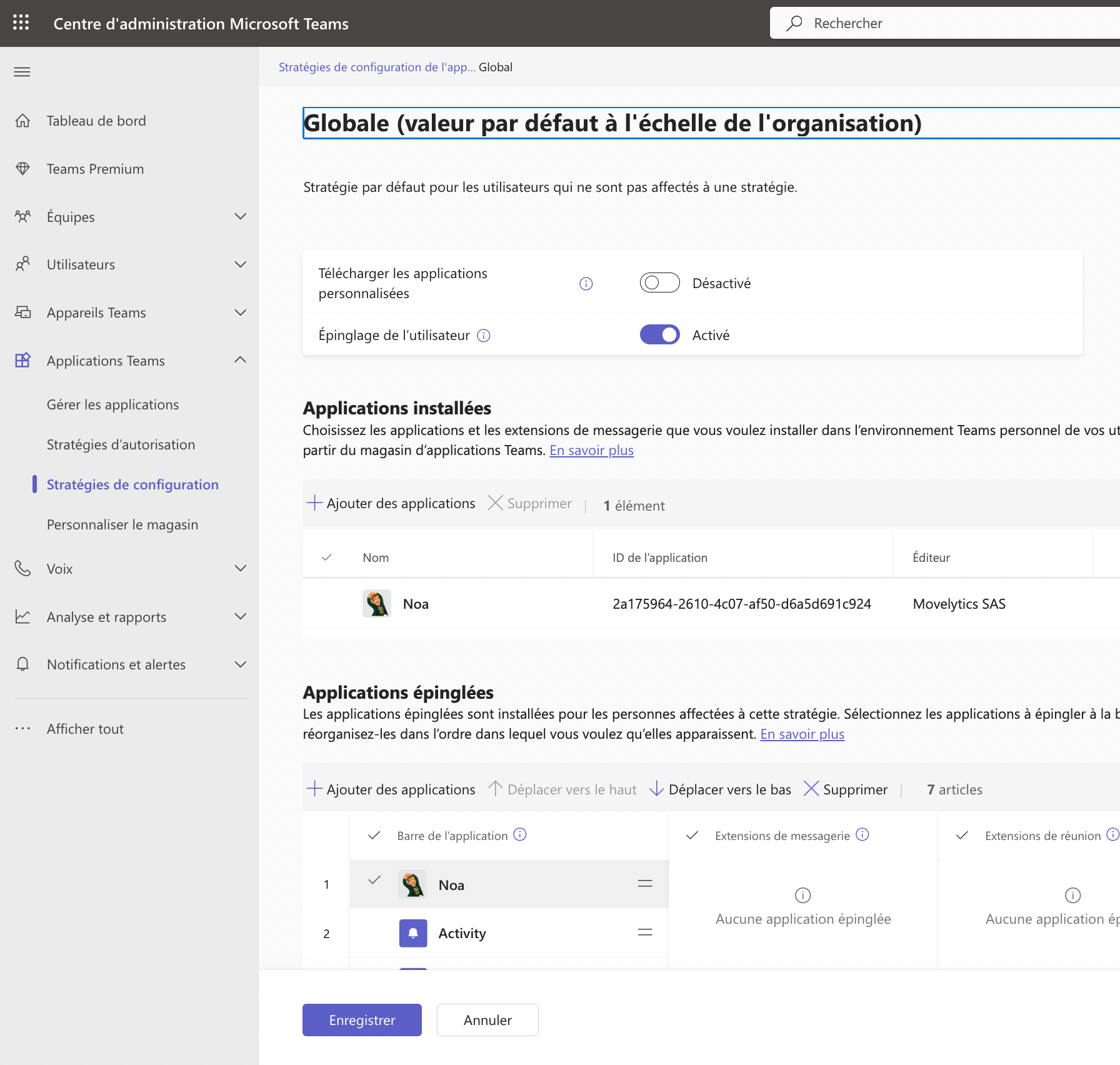 Politique d’applications du centre d’administration Teams, avec Noa dans la liste des applications installées.