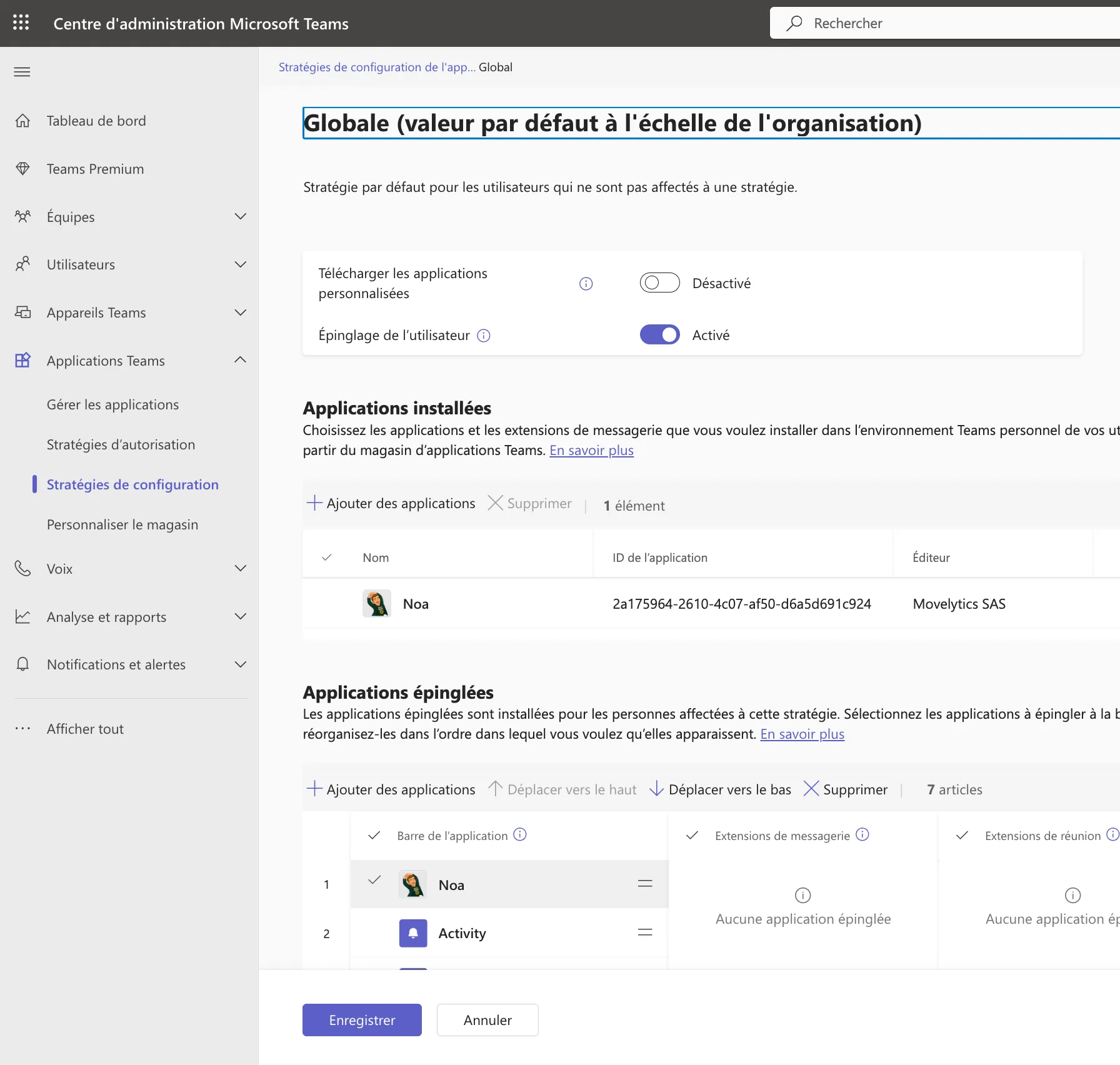 Stratégies de configuration du centre d’administration Teams, avec Noa dans la liste des applications installées.