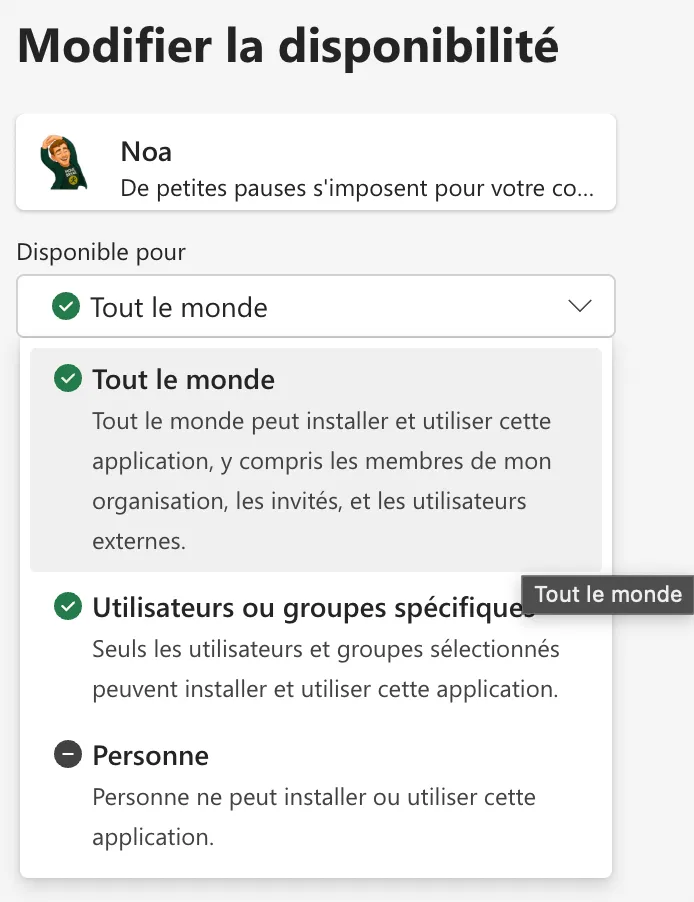 Réglage de disponibilité Teams : tout le monde, des utilisateurs spécifiques, ou personne.