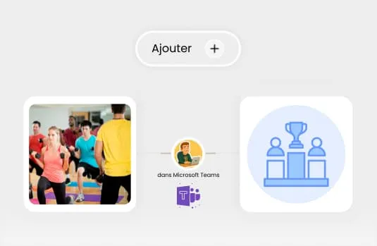 Interface avec un bouton 'Ajouter', une photo de groupe faisant du sport, et une icône de podium avec des trophées, intégrés dans Microsoft Teams.