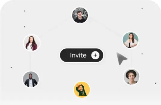 Interface showing five user profile pictures connected around a central 'Invite' button with a plus sign.