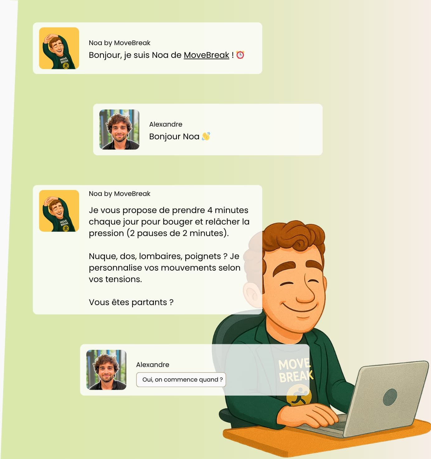 Illustration de Noa by MoveBreak dans une conversation Slack : Noa se présente et propose aux collaborateurs de prendre 4 minutes par jour pour bouger et relâcher la pression, avec 2 pauses de 2 minutes personnalisées selon les tensions (nuque, dos, lombaires, poignets). L’image montre un avatar souriant à son bureau devant un ordinateur, symbolisant le bien-être, la prévention des TMS et les pauses actives en entreprise.