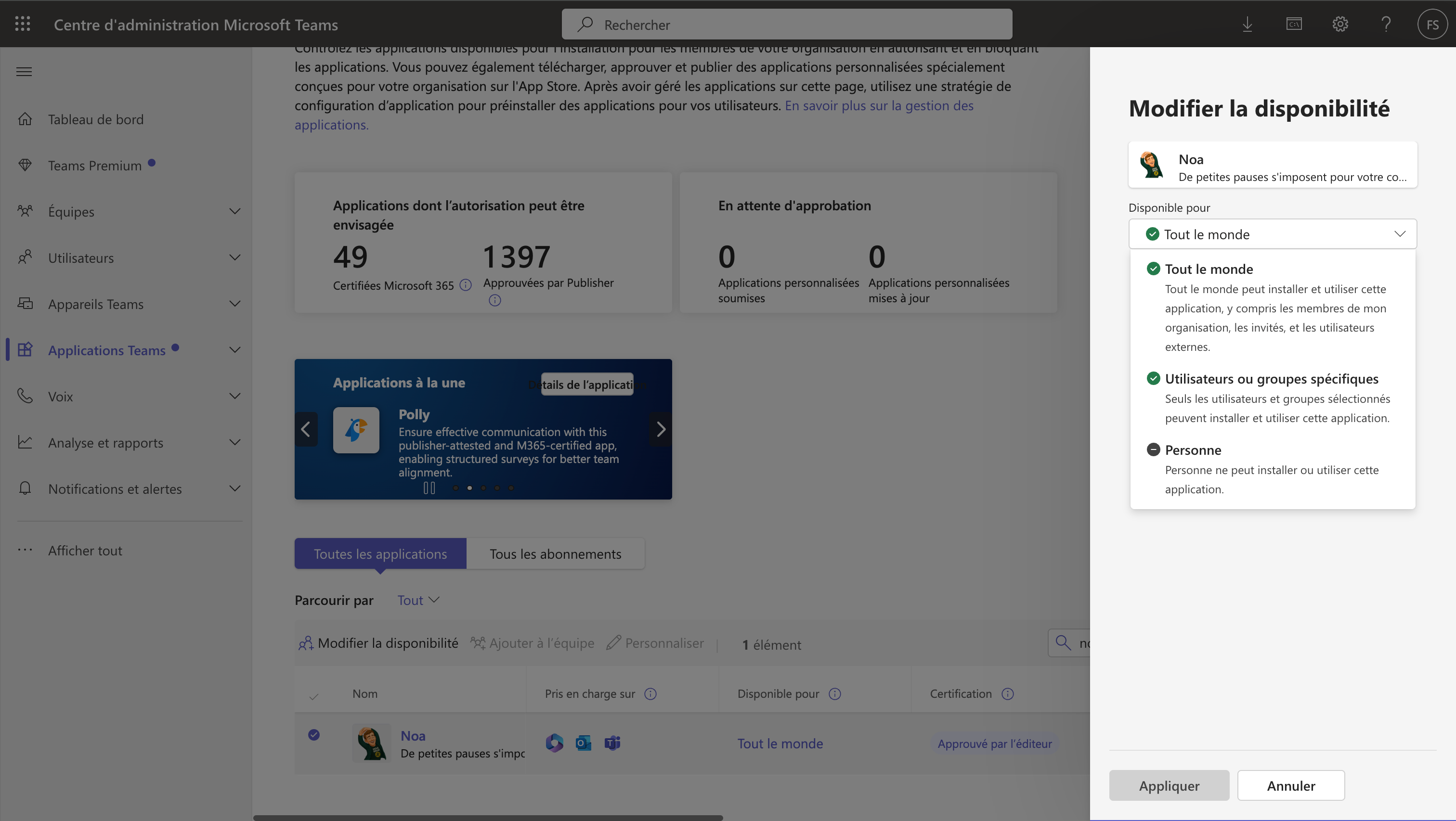 Capture d’écran du centre d’administration Microsoft Teams montrant l’application Noa by MoveBreak. L’écran affiche les paramètres de disponibilité, permettant d’autoriser l’installation de Noa pour tous les utilisateurs ou pour des groupes spécifiques. Cette étape illustre la simplicité du déploiement de Noa dans Teams pour activer les micro-pauses bien-être auprès de l’ensemble des collaborateurs.