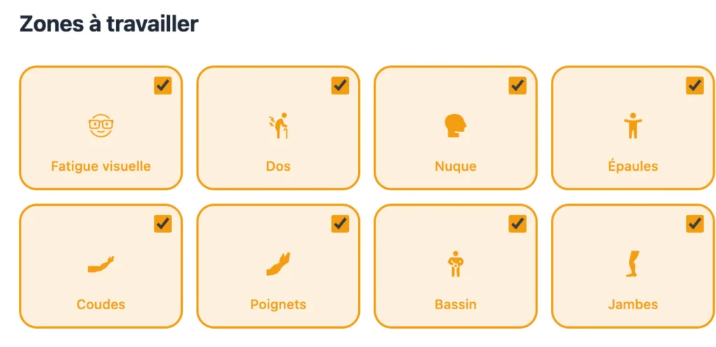 Choix des zones du corps à soulager dans Noa