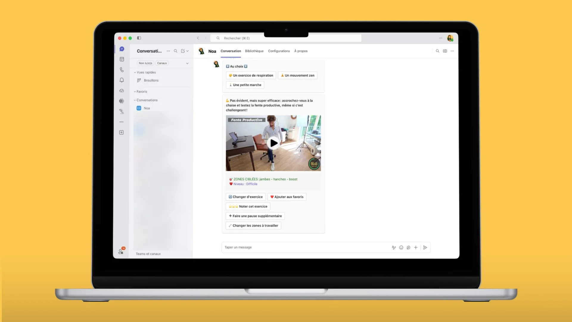 Noa dans Microsoft Teams propose un exercice en vidéo, la fente productive, avec les zones ciblées et le niveau